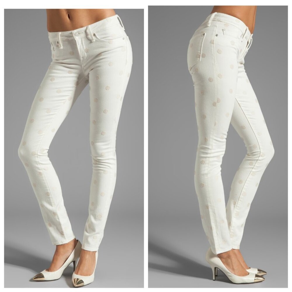 NWT Marc by Marc Jacobs Lou Skinny Jeans White Beige Polka Dot Denim Size 25